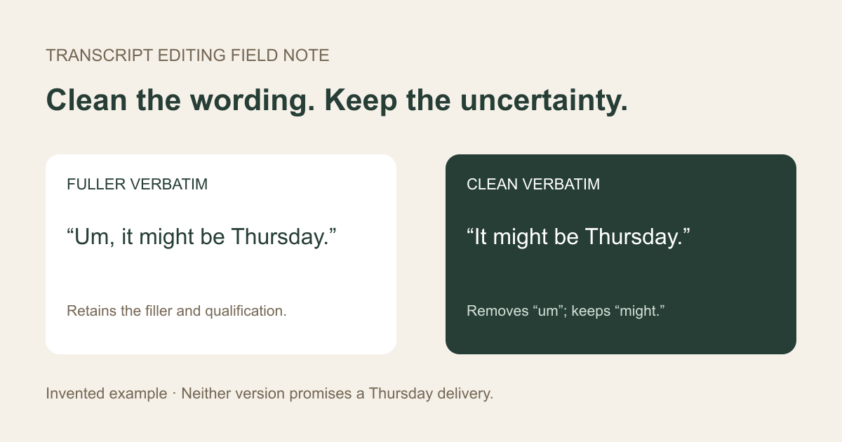 Two transcript cards preserve the phrase might be Thursday while the clean version removes an um.
