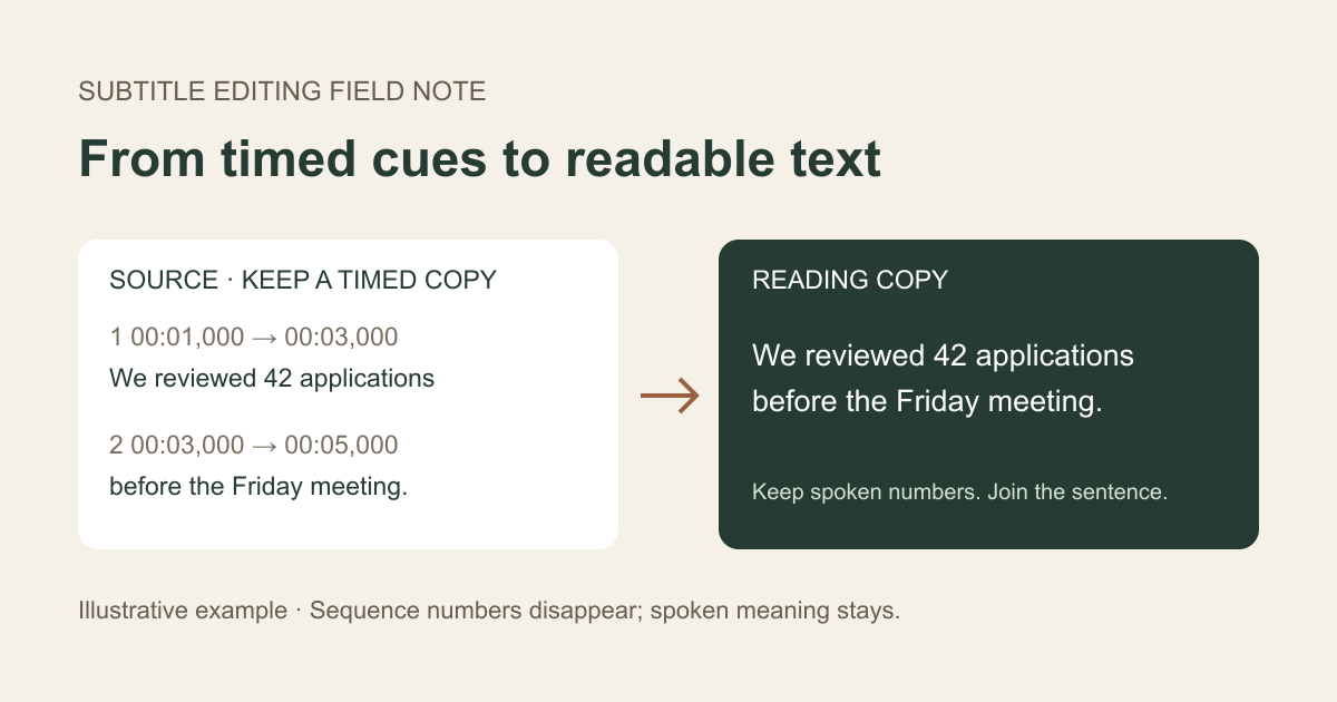 Two numbered subtitle cues become a single readable paragraph while a separate source copy retains the timings.